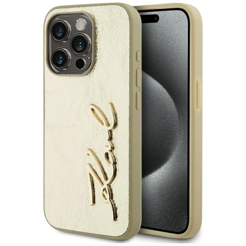 Etui Karl Lagerfeld Wrinkled Metal Signature do Apple iPhone 15 Pro złoty