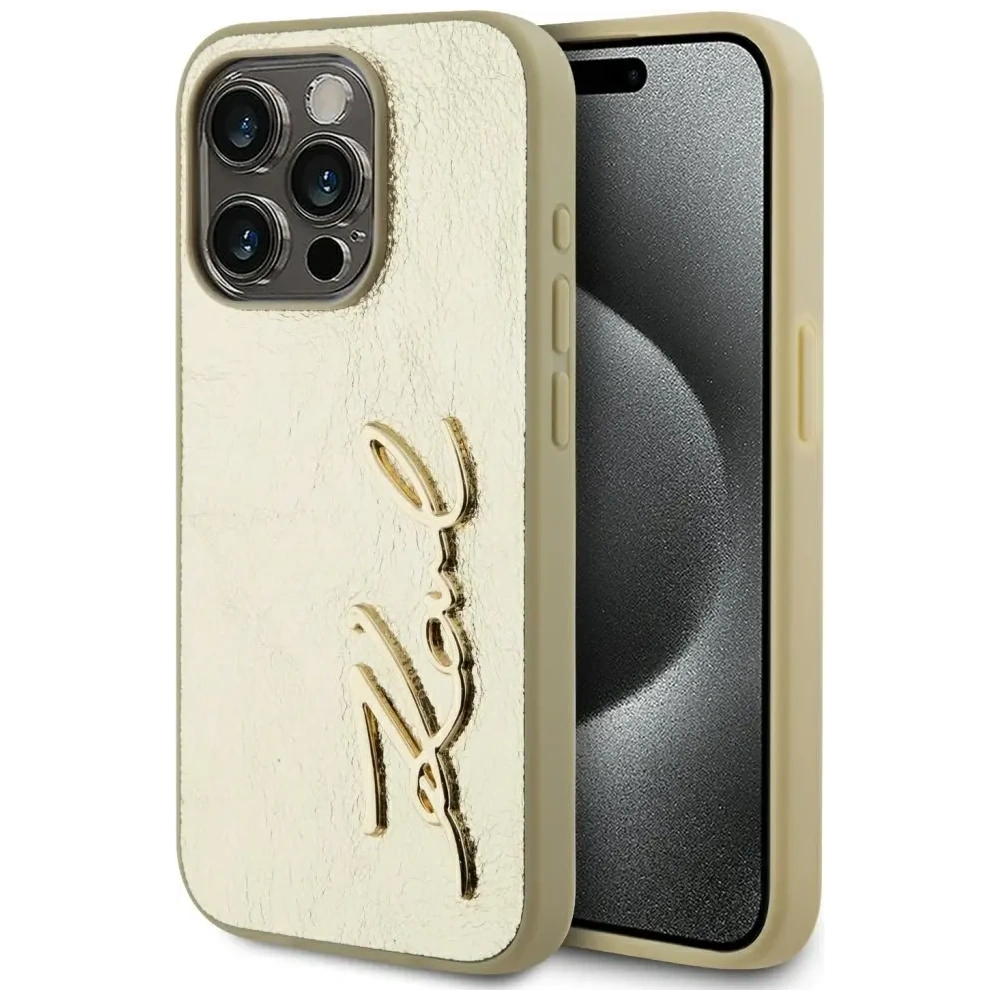 Wholesale Karl Lagerfeld Wrinkled Metal Signature Apple iPhone 15 Pro gold - KLD22041 - {ean13} - Hurt