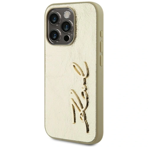 Etui Karl Lagerfeld Wrinkled Metal Signature do Apple iPhone 15 Pro złoty