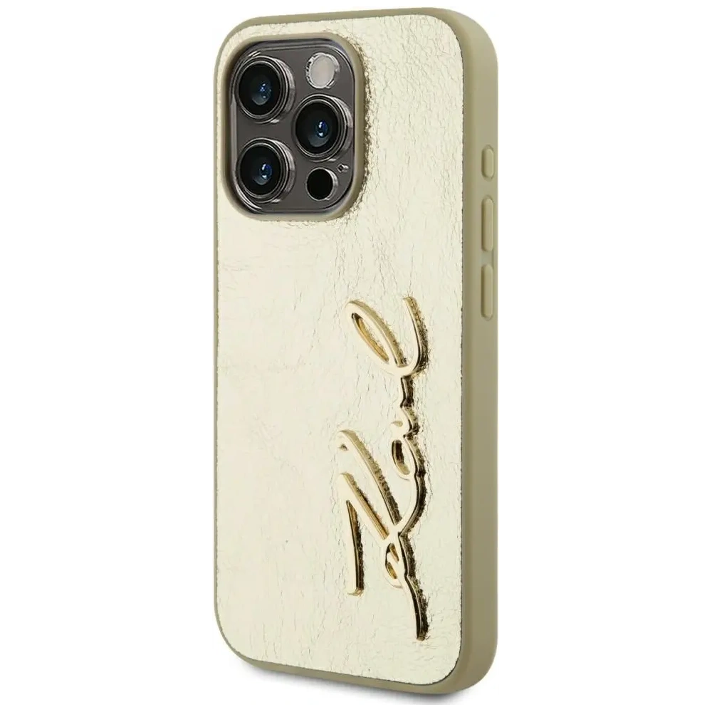 Wholesale Karl Lagerfeld Wrinkled Metal Signature Apple iPhone 15 Pro gold - KLD22041 - {ean13} - Hurt