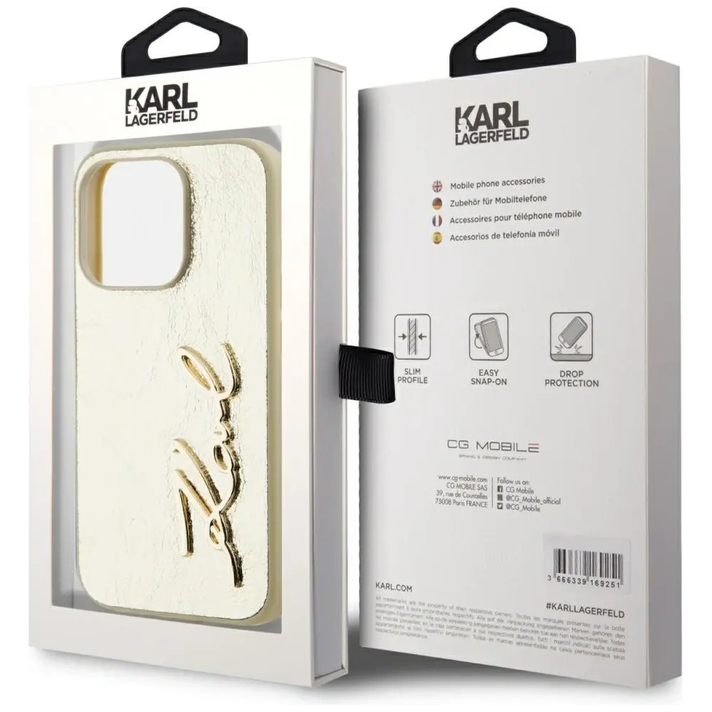 Wholesale Karl Lagerfeld Wrinkled Metal Signature Apple iPhone 15 Pro gold - KLD22041 - {ean13} - Hurt