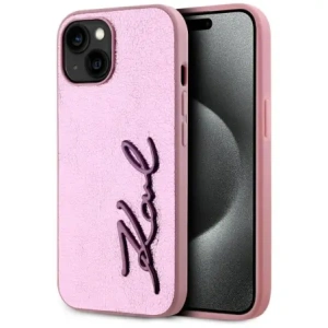 Wholesale Karl Lagerfeld Wrinkled Metal Signature Apple iPhone 15 pink - KLD22042 - {ean13} - Hurt