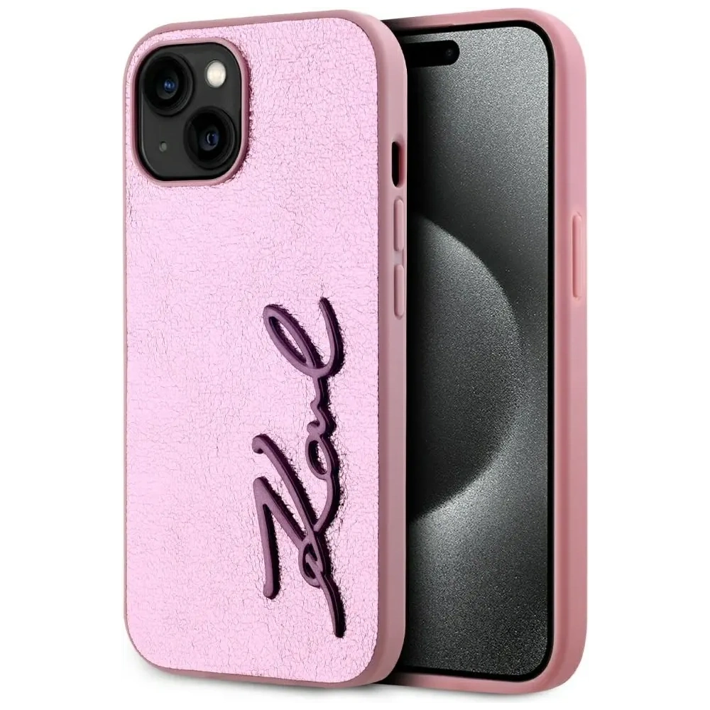Wholesale Karl Lagerfeld Wrinkled Metal Signature Apple iPhone 15 pink - KLD22042 - {ean13} - Hurt