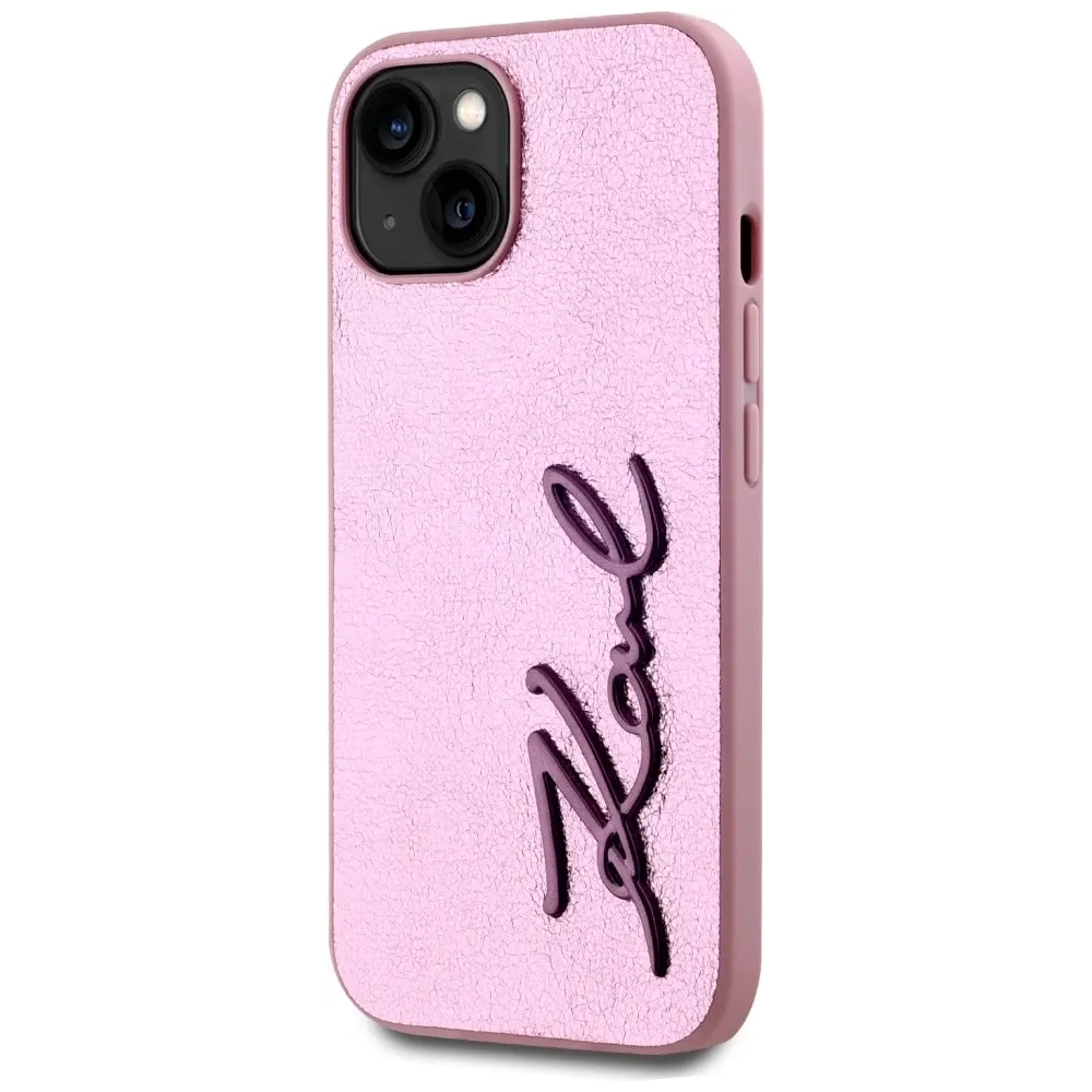 Wholesale Karl Lagerfeld Wrinkled Metal Signature Apple iPhone 15 pink - KLD22042 - {ean13} - Hurt