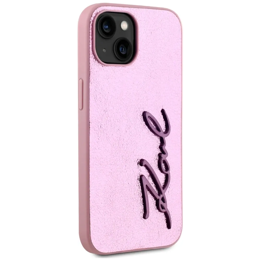 Wholesale Karl Lagerfeld Wrinkled Metal Signature Apple iPhone 15 pink - KLD22042 - {ean13} - Hurt