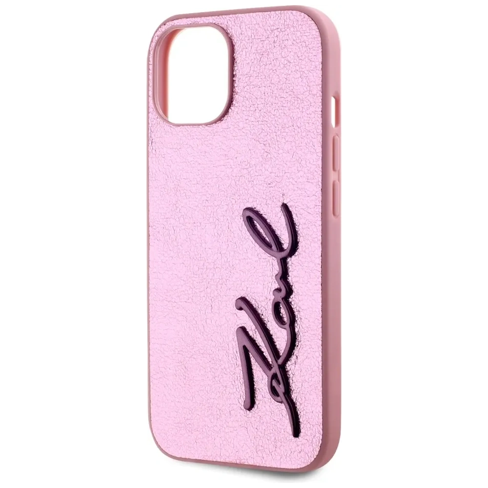 Wholesale Karl Lagerfeld Wrinkled Metal Signature Apple iPhone 15 pink - KLD22042 - {ean13} - Hurt