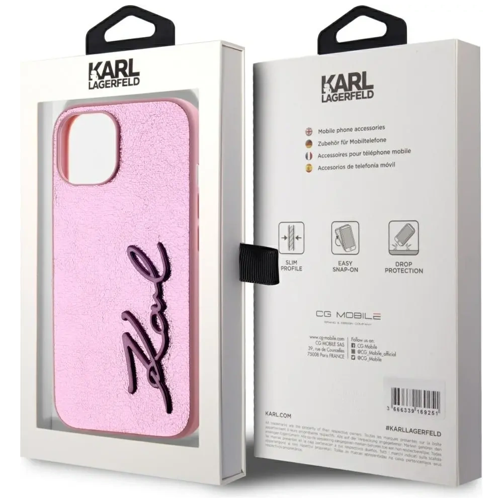 Wholesale Karl Lagerfeld Wrinkled Metal Signature Apple iPhone 15 pink - KLD22042 - {ean13} - Hurt