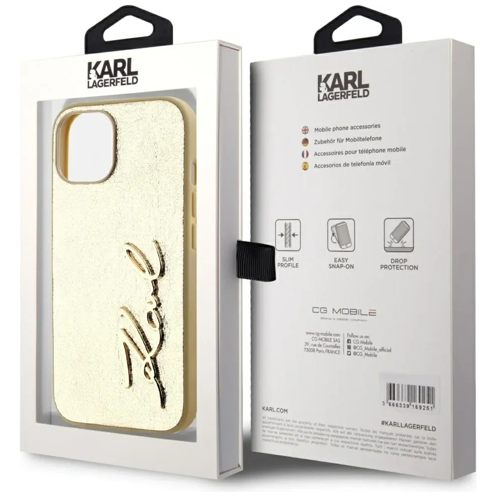 Wholesale Karl Lagerfeld Wrinkled Metal Signature Apple iPhone 15 gold - KLD22043 - {ean13} - Hurt