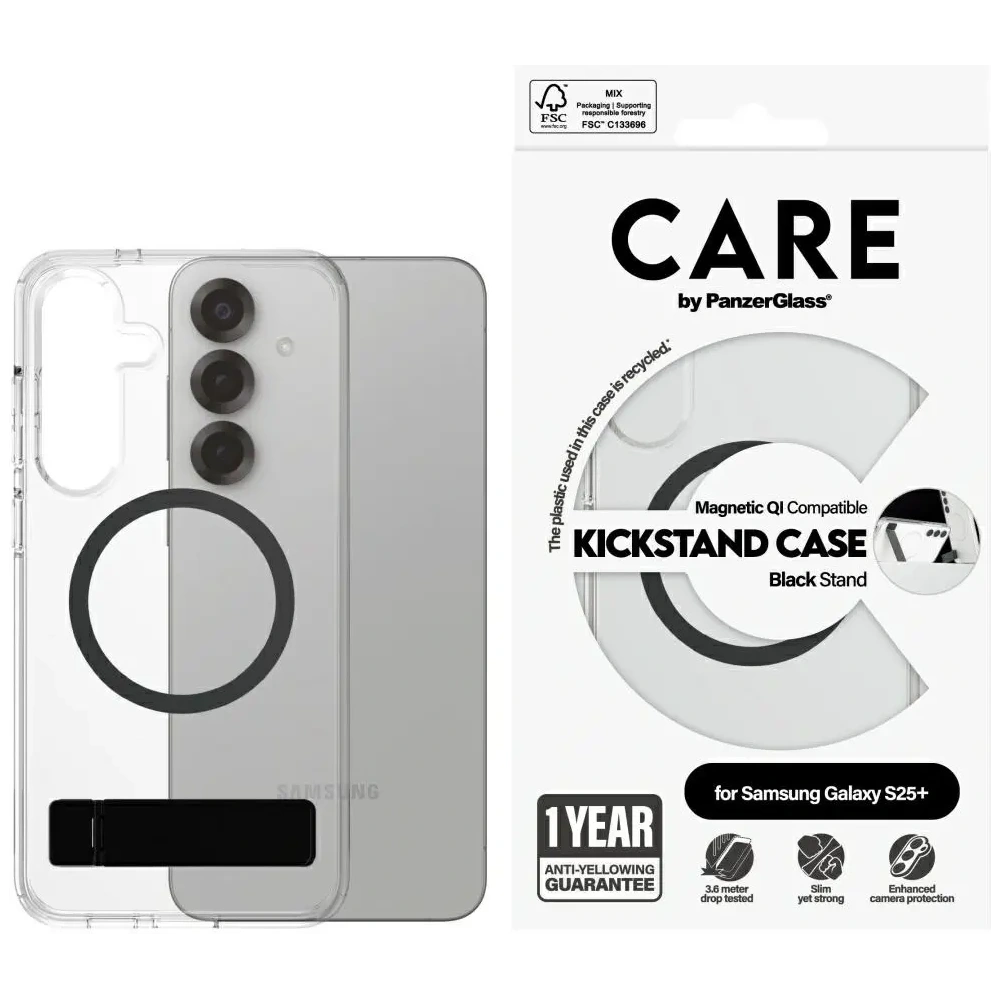 Hurtownia GSM - CARE od PanzerGlass Funkce Černý stojánek & QI Samsung Galaxy S25+ Plus průhledný - PZG874 - {ean13} - Hurt