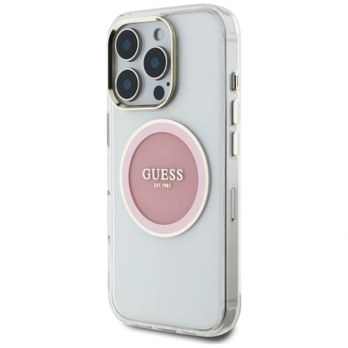 Etui Guess IML Metal Colored Circle Classic Logo MagSafe do Apple iPhone 16 Pro różowy