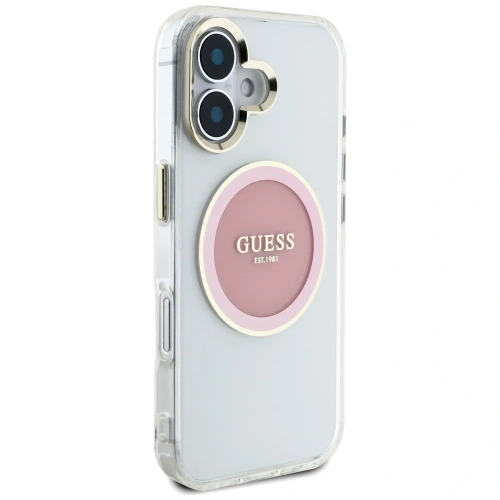 Etui Guess IML Metal Colored Circle Classic Logo MagSafe do Apple iPhone 16 różowy