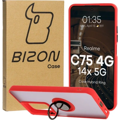 Etui z uchwytem na palec Bizon Case Hybrid Ring do Realme C75 4G / 14x 5G przydymione z czerwoną ramką
