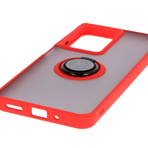 Etui z uchwytem na palec Bizon Case Hybrid Ring do Realme C75 4G / 14x 5G przydymione z czerwoną ramką