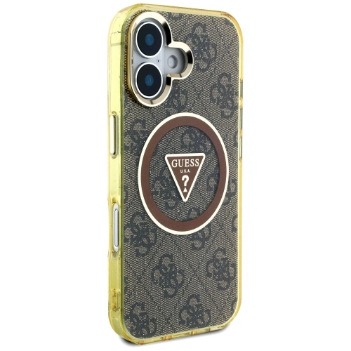 Etui Guess IML Metal Glitter 4G Circle Triangle MagSafe do Apple iPhone 16 brązowy