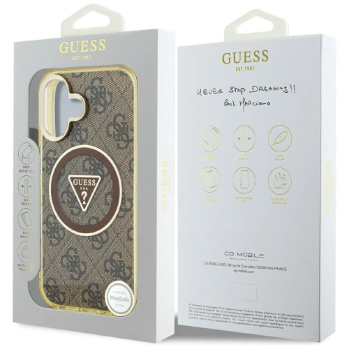 Etui Guess IML Metal Glitter 4G Circle Triangle MagSafe do Apple iPhone 16 brązowy