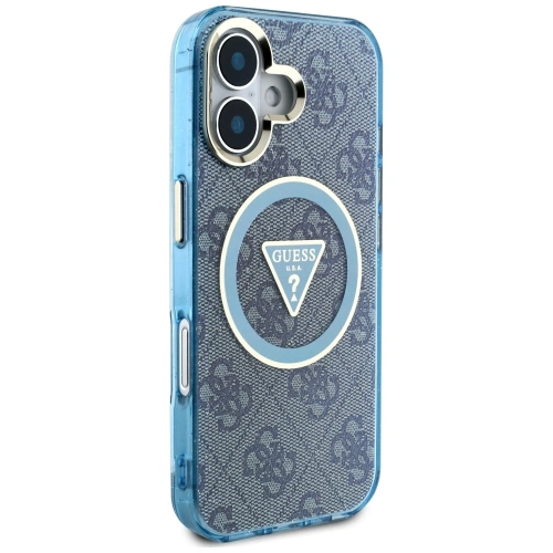 Etui Guess IML Metal Glitter 4G Circle Triangle MagSafe do Apple iPhone 16 niebieski