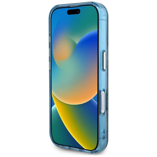 Etui Guess IML Metal Glitter 4G Circle Triangle MagSafe do Apple iPhone 16 niebieski