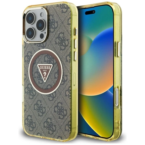 Etui Guess IML Metal Glitter 4G Circle Triangle MagSafe do Apple iPhone 16 Pro brązowy