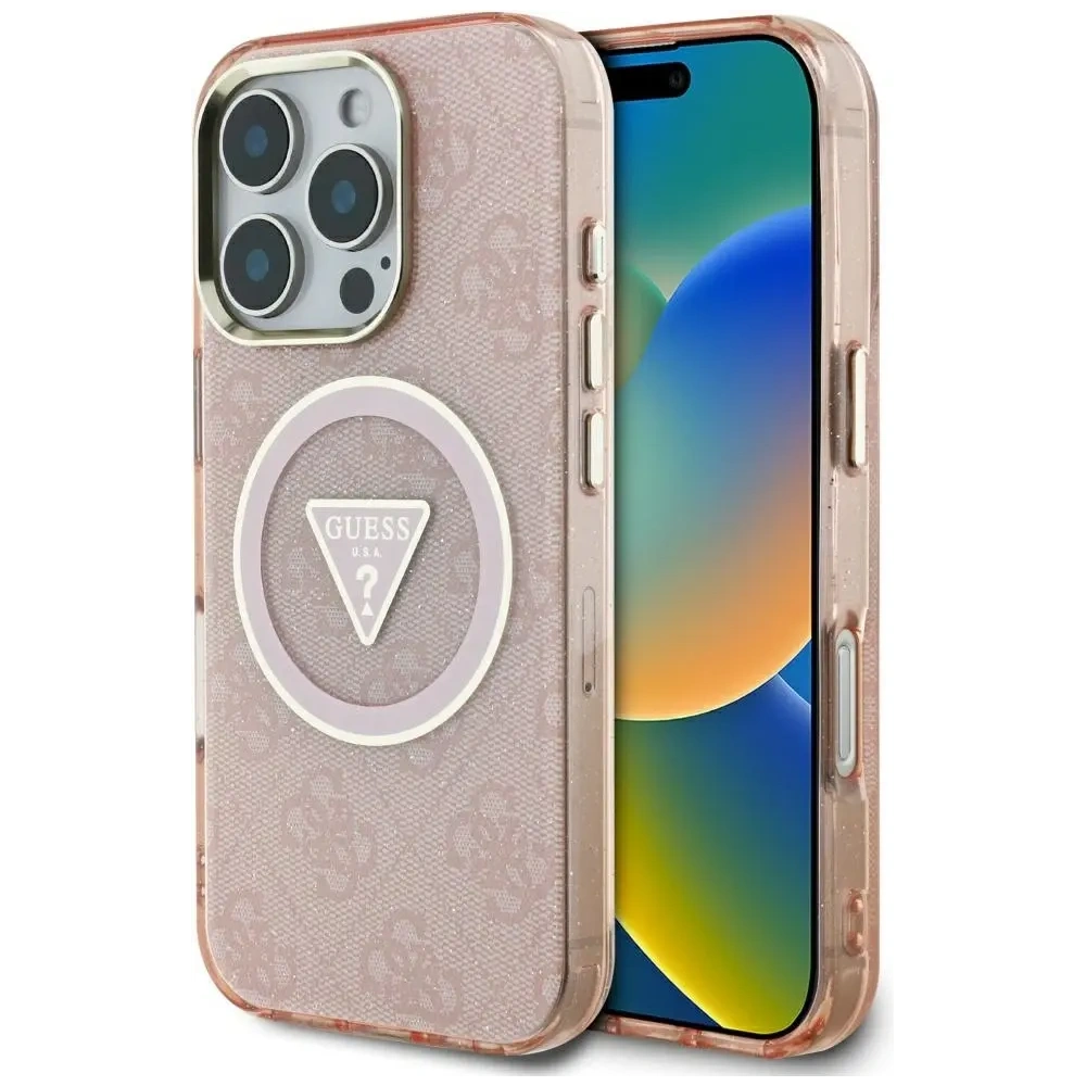 Wholesale Guess IML Metal Glitter 4G Circle Triangle MagSafe Apple iPhone 16 Pro Max pink - GUE4572 - {ean13} - Hurt