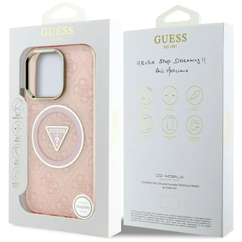Wholesale Guess IML Metal Glitter 4G Circle Triangle MagSafe Apple iPhone 16 Pro Max pink - GUE4572 - {ean13} - Hurt