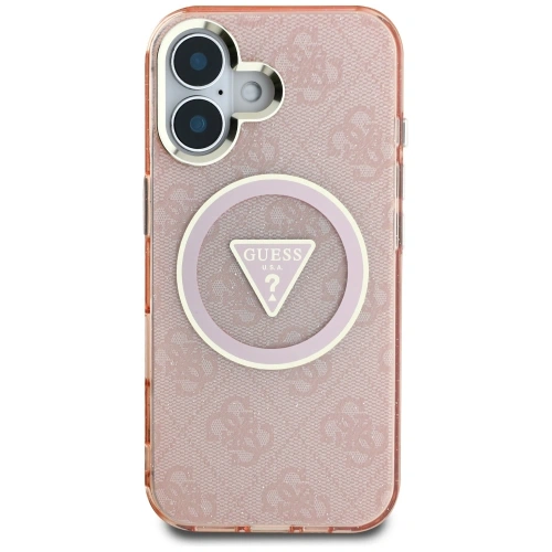Etui Guess IML Metal Glitter 4G Circle Triangle MagSafe do Apple iPhone 16 różowy