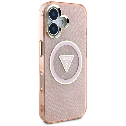 Etui Guess IML Metal Glitter 4G Circle Triangle MagSafe do Apple iPhone 16 różowy