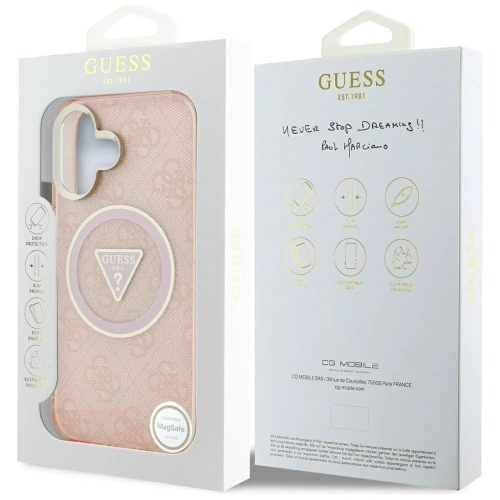 Etui Guess IML Metal Glitter 4G Circle Triangle MagSafe do Apple iPhone 16 różowy