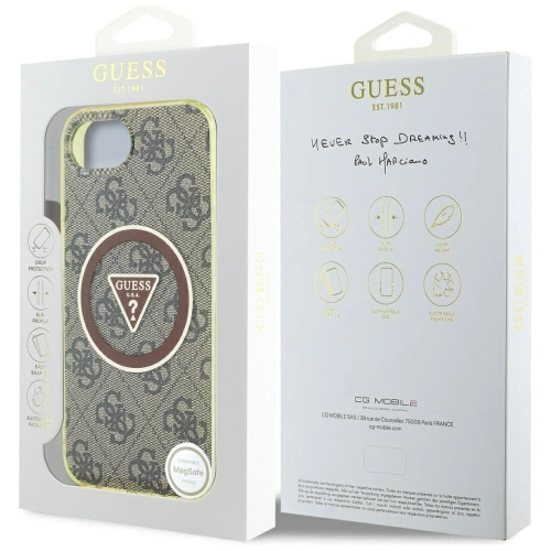 Etui Guess IML Metal Glitter 4G Circle Triangle MagSafe do Apple iPhone 16e brązowy