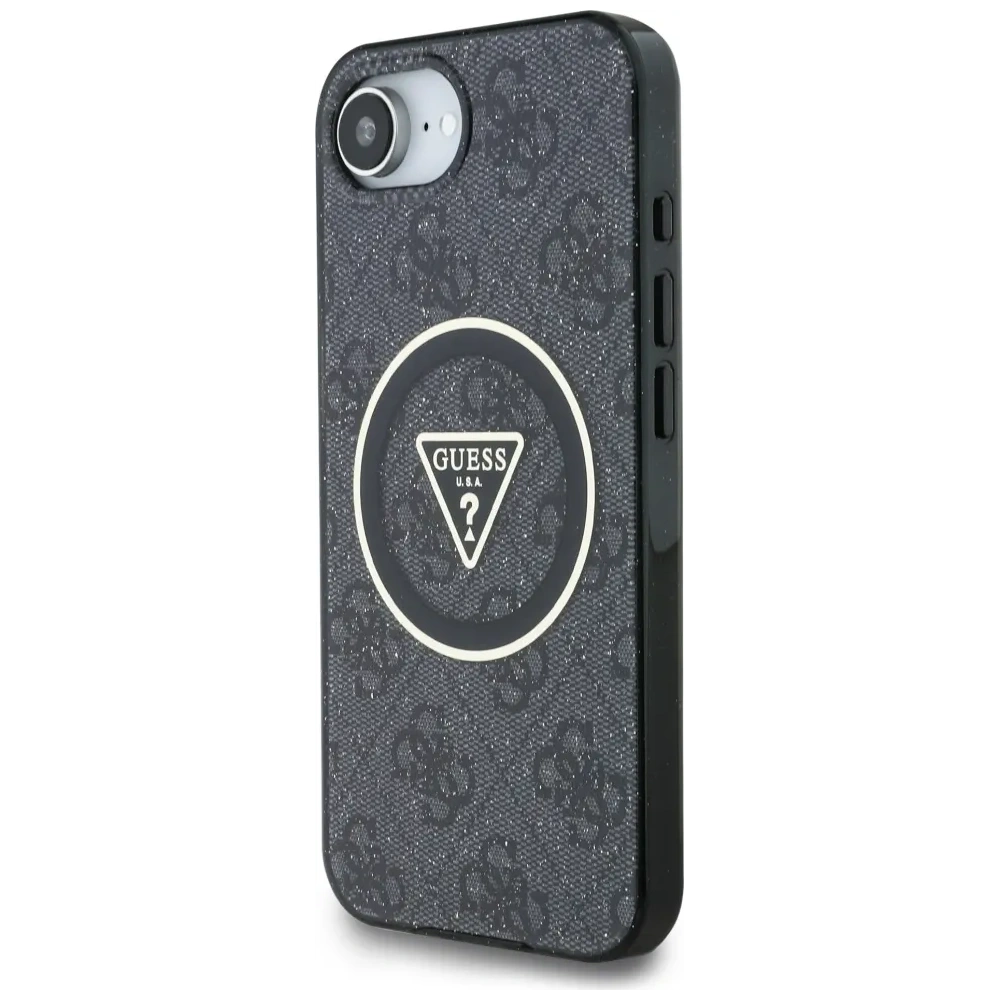 Hurtownia GSM - Guess IML Metal Glitter 4G Kruh Trojúhelník MagSafe Apple iPhone 16e černý - GUE4577 - {ean13} - Hurt