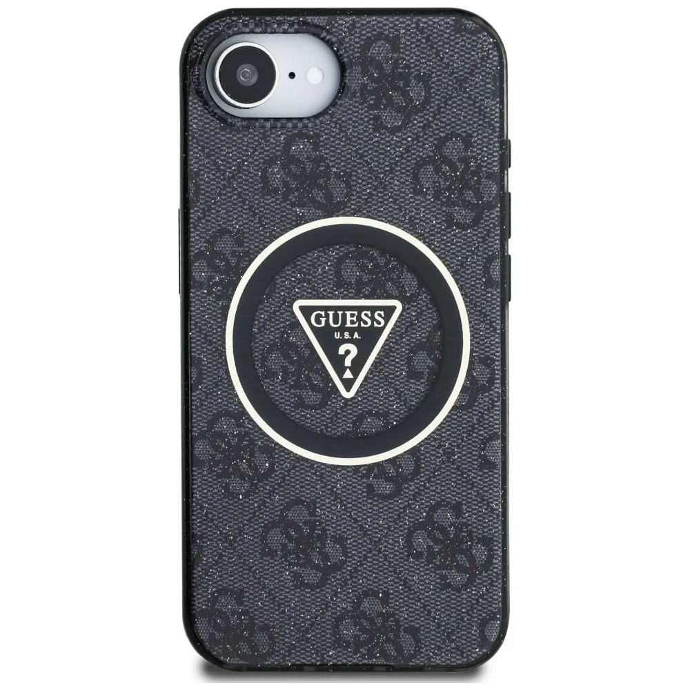 Hurtownia GSM - Guess IML Metal Glitter 4G Kruh Trojúhelník MagSafe Apple iPhone 16e černý - GUE4577 - {ean13} - Hurt