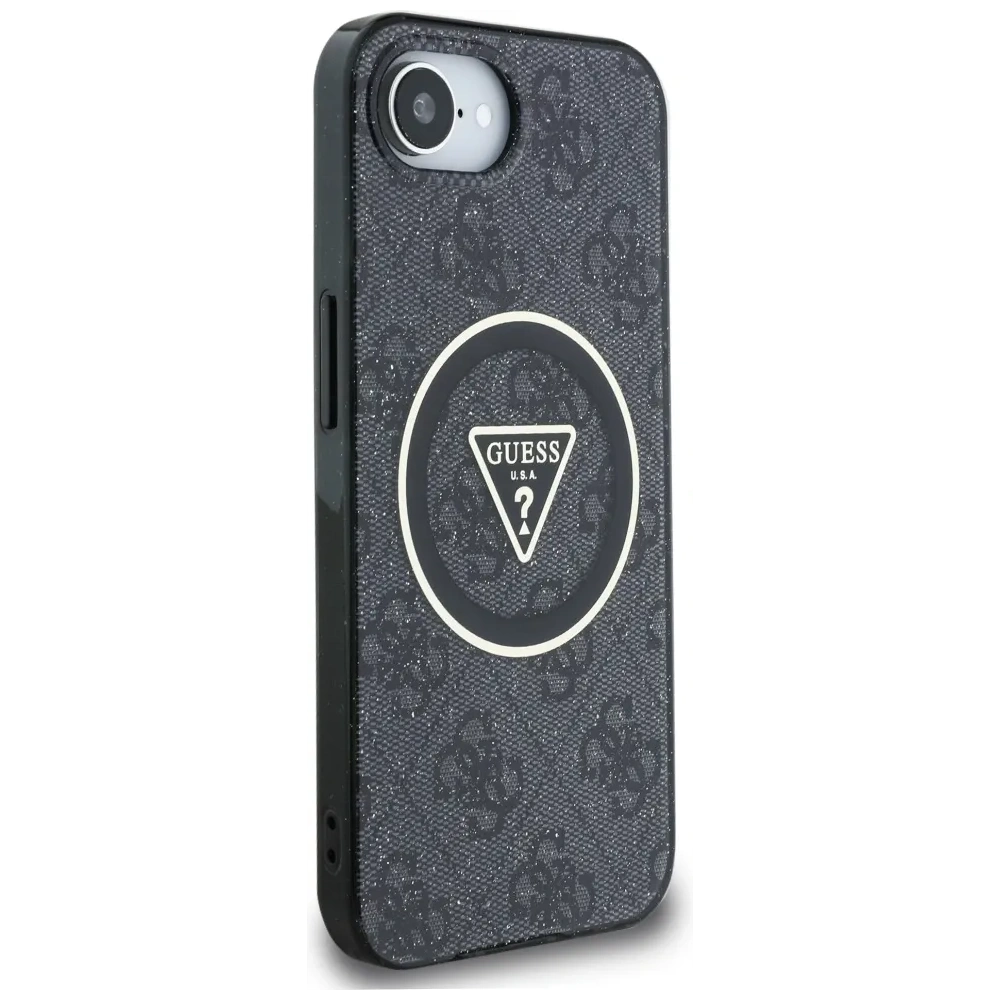 Hurtownia GSM - Guess IML Metal Glitter 4G Kruh Trojúhelník MagSafe Apple iPhone 16e černý - GUE4577 - {ean13} - Hurt