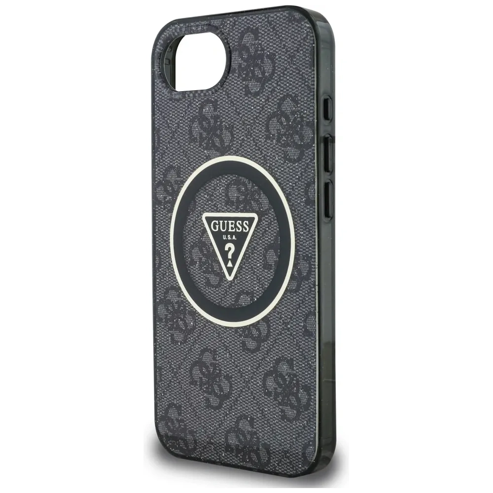 Hurtownia GSM - Guess IML Metal Glitter 4G Kruh Trojúhelník MagSafe Apple iPhone 16e černý - GUE4577 - {ean13} - Hurt