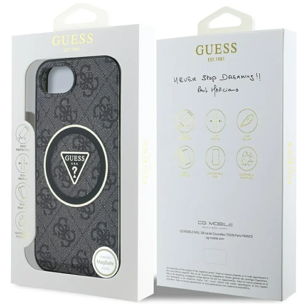 Hurtownia GSM - Guess IML Metal Glitter 4G Kruh Trojúhelník MagSafe Apple iPhone 16e černý - GUE4577 - {ean13} - Hurt
