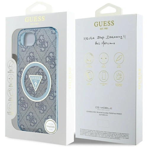 Etui Guess IML Metal Glitter 4G Circle Triangle MagSafe do Apple iPhone 16e niebieski