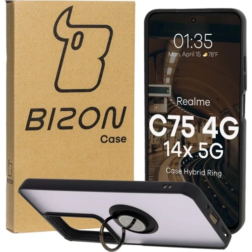 Etui z uchwytem na palec Bizon Case Hybrid Ring do Realme C75 4G / 14x 5G przydymione z czarną ramką