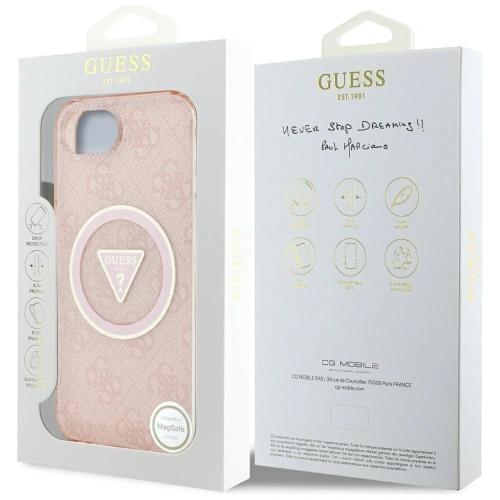 Etui Guess IML Metal Glitter 4G Circle Triangle MagSafe do Apple iPhone 16e różowy