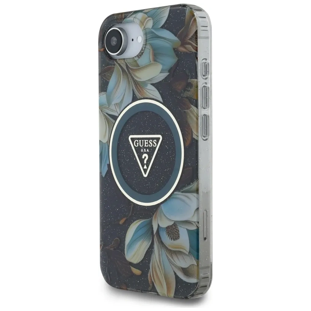 Wholesale Guess IML Metal Glitter Flowers Triangle MagSafe Apple iPhone 16e black - GUE4580 - {ean13} - Hurt