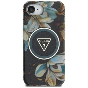 Wholesale Guess IML Metal Glitter Flowers Triangle MagSafe Apple iPhone 16e black - GUE4580 - {ean13} - Hurt
