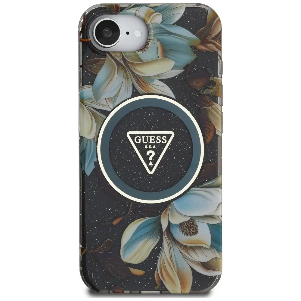 Wholesale Guess IML Metal Glitter Flowers Triangle MagSafe Apple iPhone 16e black - GUE4580 - {ean13} - Hurt