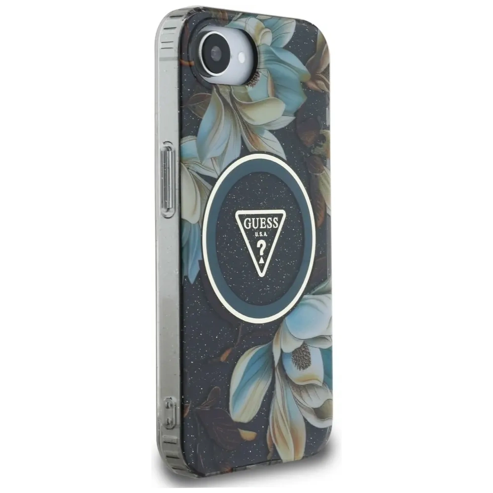 Wholesale Guess IML Metal Glitter Flowers Triangle MagSafe Apple iPhone 16e black - GUE4580 - {ean13} - Hurt