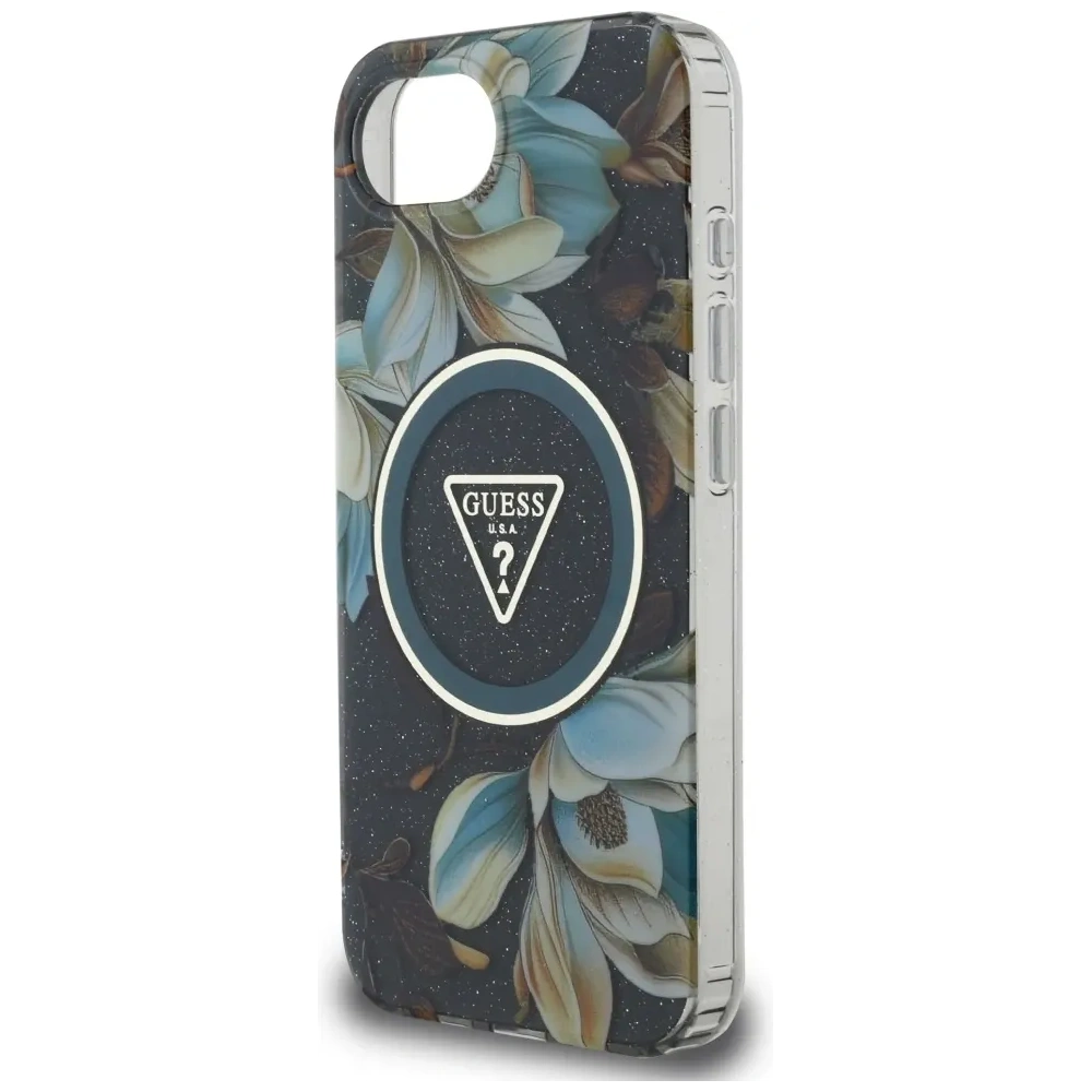 Wholesale Guess IML Metal Glitter Flowers Triangle MagSafe Apple iPhone 16e black - GUE4580 - {ean13} - Hurt
