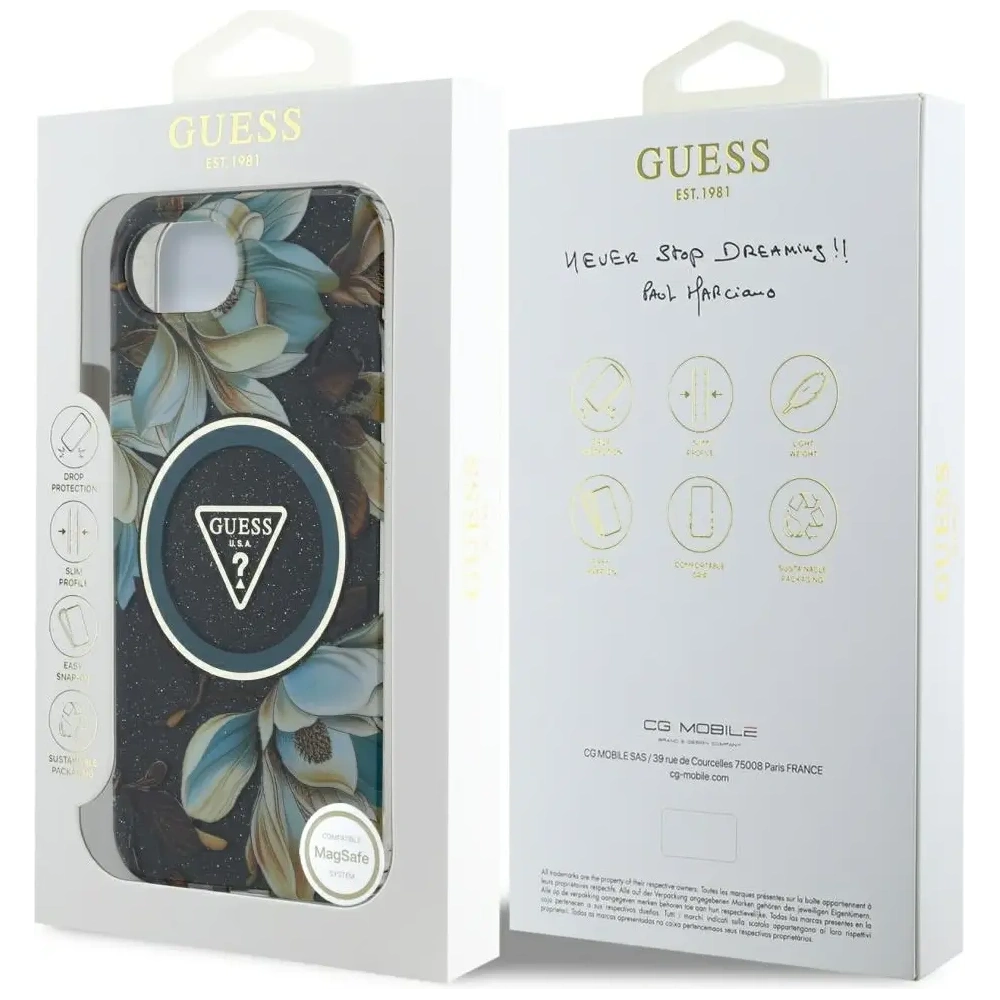 Wholesale Guess IML Metal Glitter Flowers Triangle MagSafe Apple iPhone 16e black - GUE4580 - {ean13} - Hurt