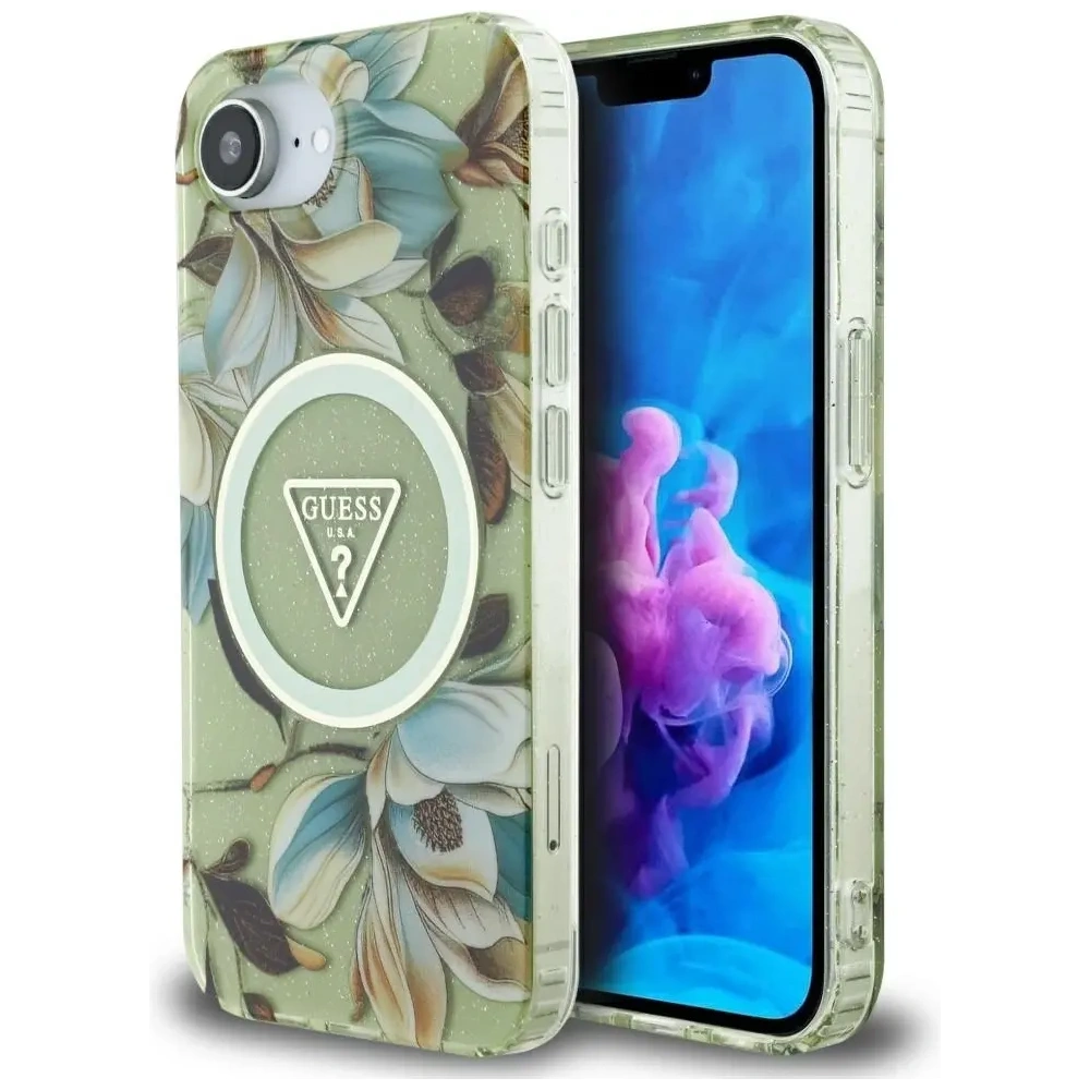 Wholesale Guess IML Metal Glitter Flowers Triangle MagSafe Apple iPhone 16e green - GUE4581 - {ean13} - Hurt