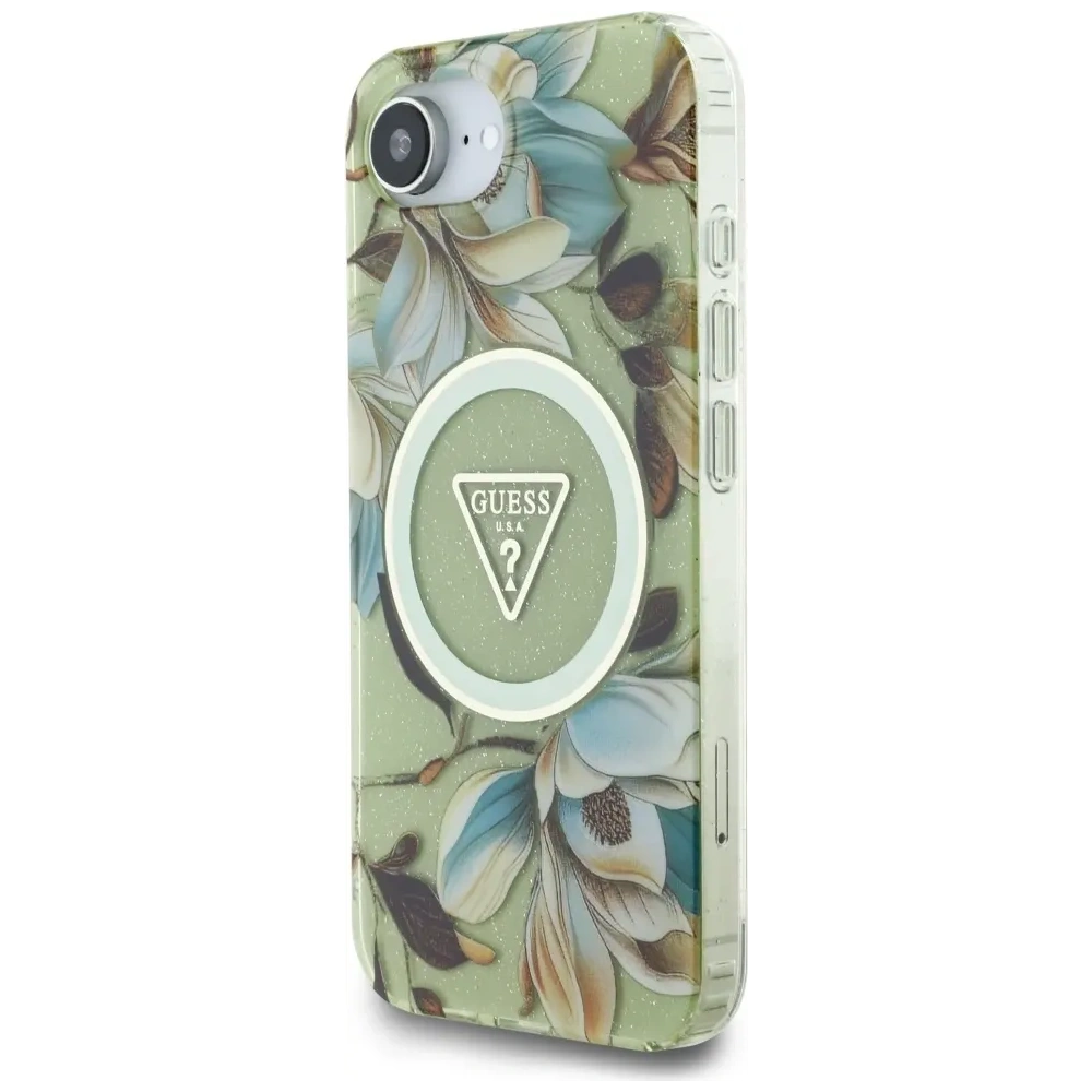 Wholesale Guess IML Metal Glitter Flowers Triangle MagSafe Apple iPhone 16e green - GUE4581 - {ean13} - Hurt