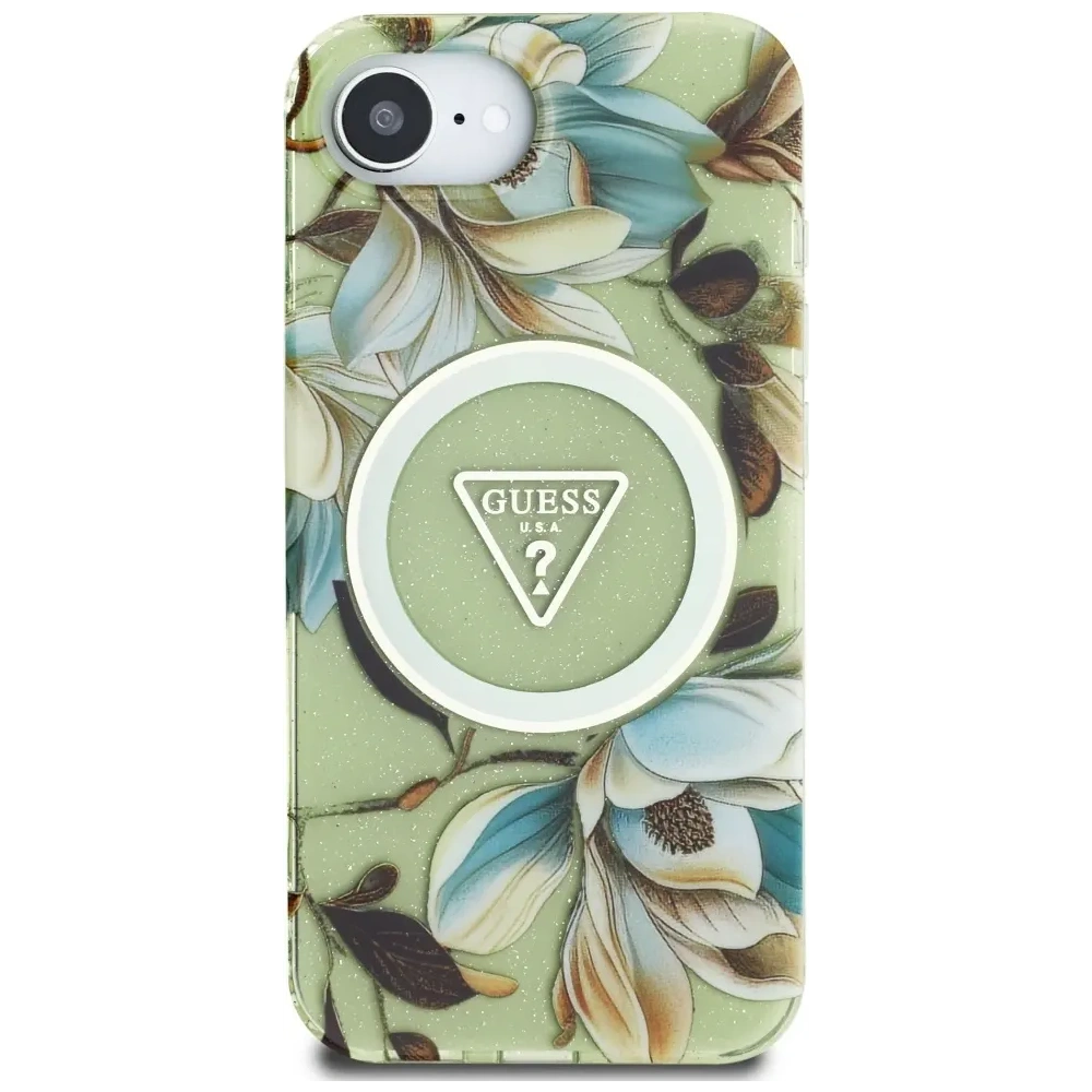 Wholesale Guess IML Metal Glitter Flowers Triangle MagSafe Apple iPhone 16e green - GUE4581 - {ean13} - Hurt
