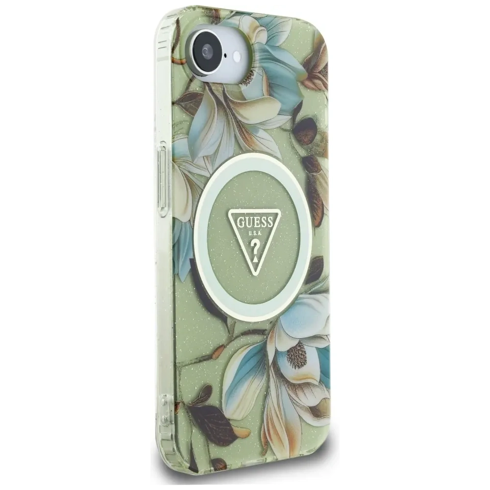 Wholesale Guess IML Metal Glitter Flowers Triangle MagSafe Apple iPhone 16e green - GUE4581 - {ean13} - Hurt