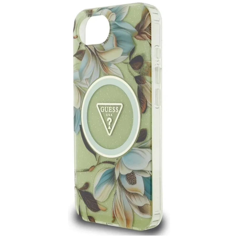 Wholesale Guess IML Metal Glitter Flowers Triangle MagSafe Apple iPhone 16e green - GUE4581 - {ean13} - Hurt