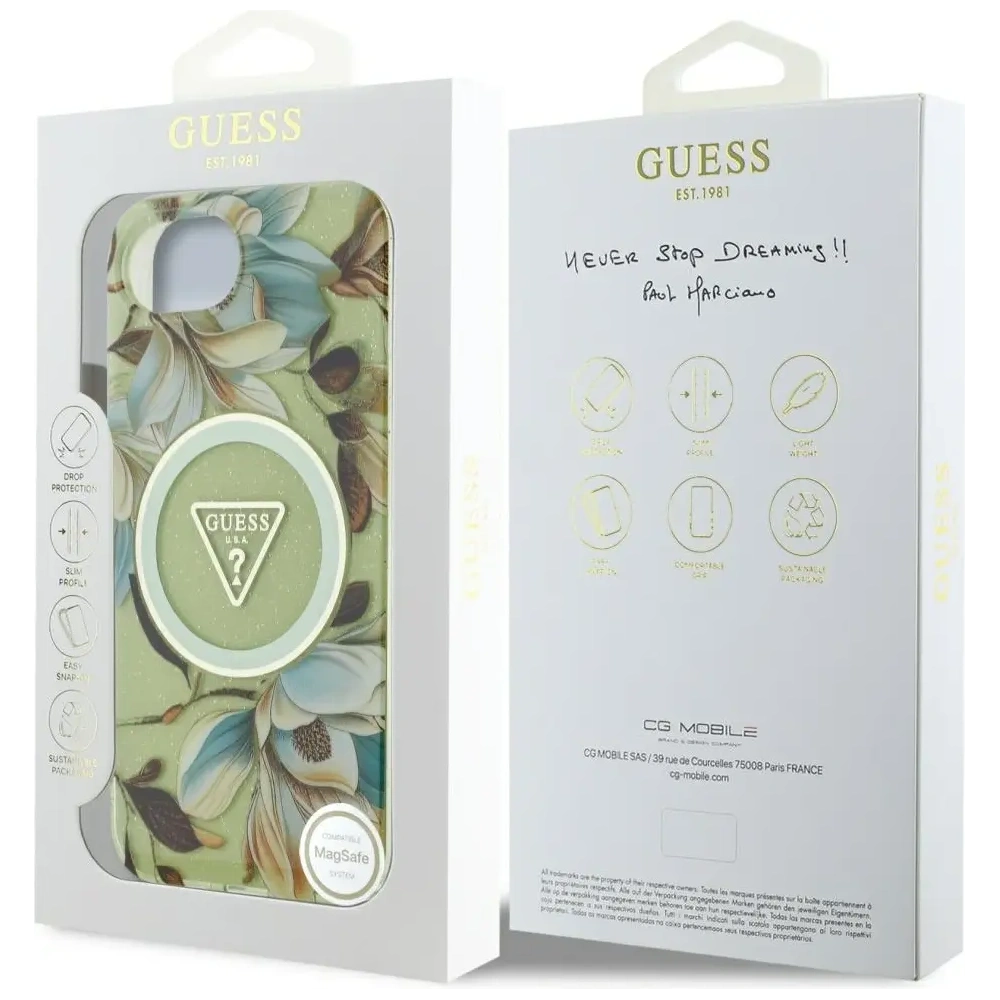 Wholesale Guess IML Metal Glitter Flowers Triangle MagSafe Apple iPhone 16e green - GUE4581 - {ean13} - Hurt