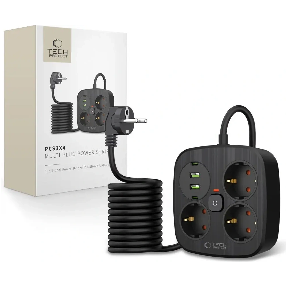 Wholesale Tech-Protect PCS3X4 Power Strip 2xUSB-A, 2xUSB-C, 3xSocket AC 200cm Black - THP4167 - {ean13} - Hurt