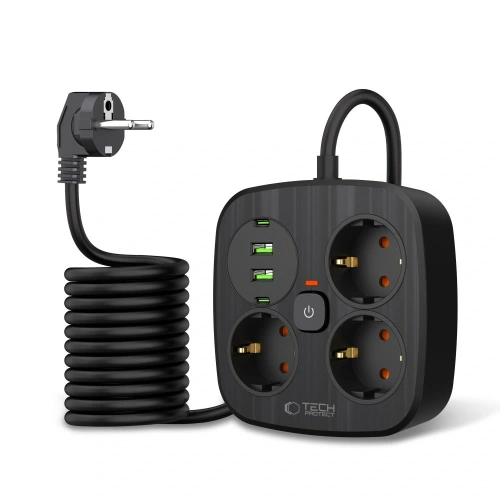 Listwa zasilająca Tech-Protect PCS3X4 Power Strip 2xUSB-A, 2xUSB-C, 3xSocket AC 200cm Black
